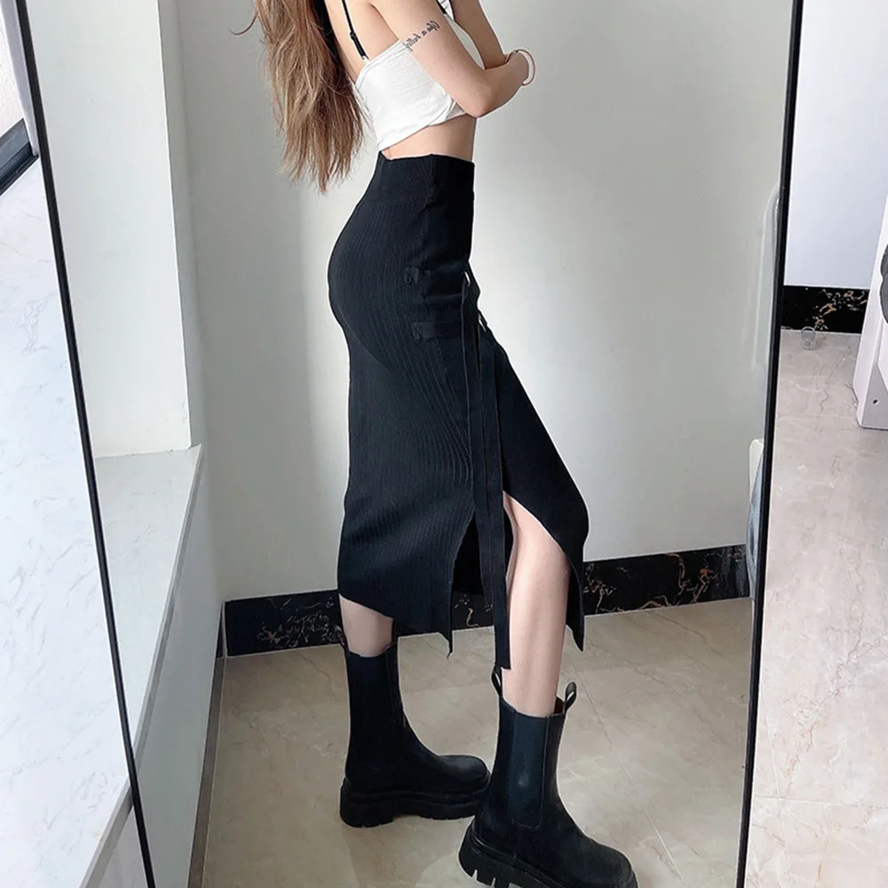 

High Street Fashion Designer 2021 Summer Skirt Casual Simple Thin Hipster Split Fork Solid Color High Waist