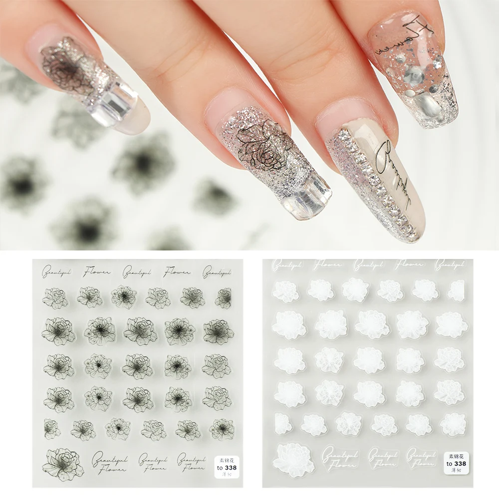 

1 лист 3D наклейки для ногтей черные белые цветочные дизайнерские клейкие наклейки для ногтей Водные Переводные зимние слайдеры украшения д...