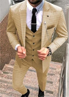 mens plaid suits prom tuxedos 3 piece solid notch lapel tuxedos for wedding groomsblazervestpants bluechampagne