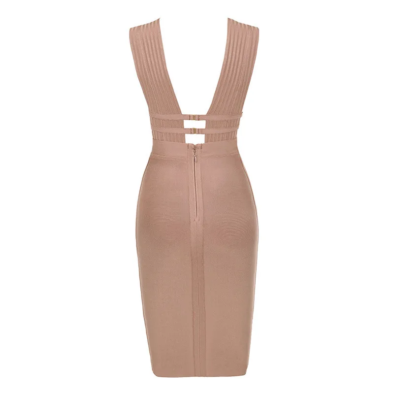 

Top Quality New Summer Evening Bandage Dress Luxury 2021 Sexy Hollow Out Deep V-neck Sleeveless Bodycon Midi Club Dress Woman