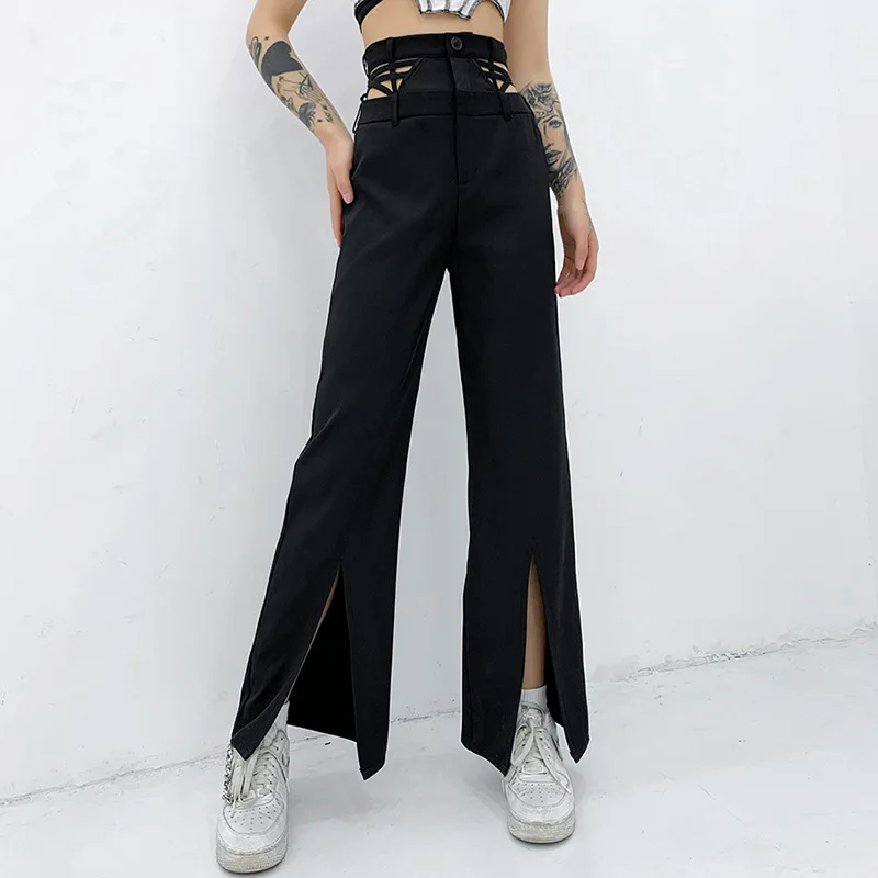 

2021 Fall Women Full Length Black Casual Pants High Elastic Waist Loose Solid Hollow Out Split Flared Leg Streetwear Trouser