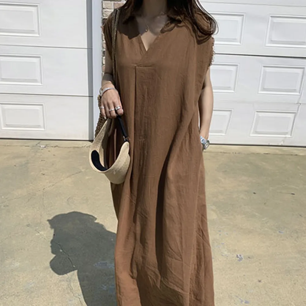 

Women Dress Summer Solid Color Female Dresses Causal Japan Style Loose Dresses Simple Loose Slim Dress V-neck Dress
