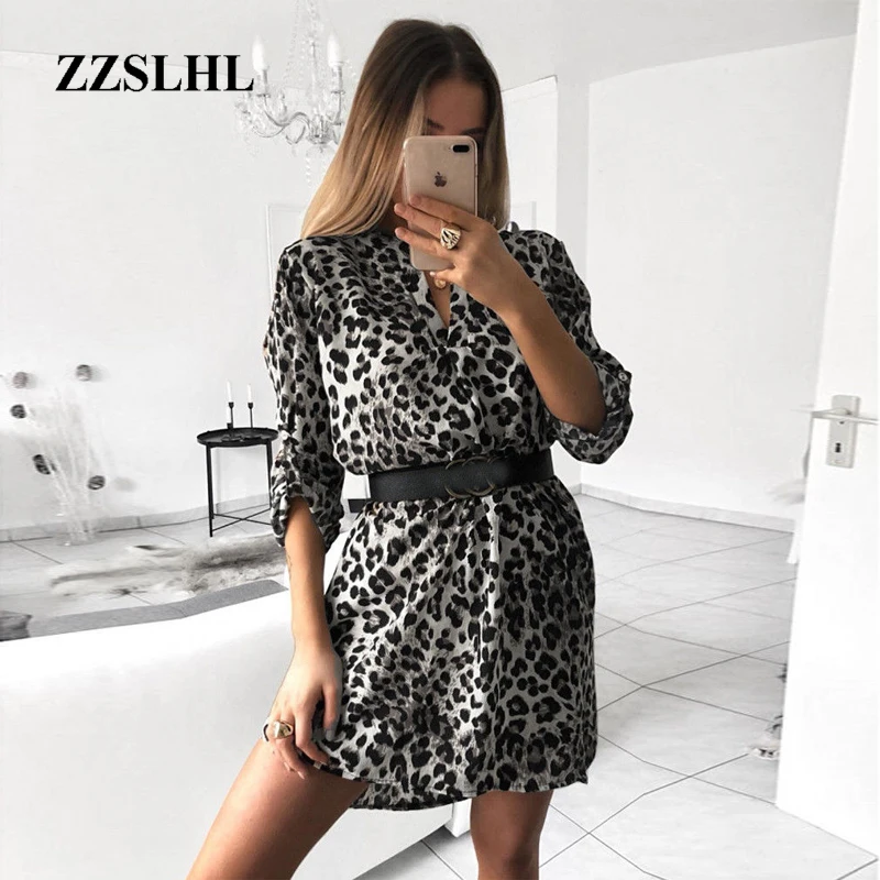 

Elegant Long-sleeved Banquet Club Dress V-neck OL Costume Lady Robe Women Leopard T-shirt Dress Viper Vestinos Streetwear