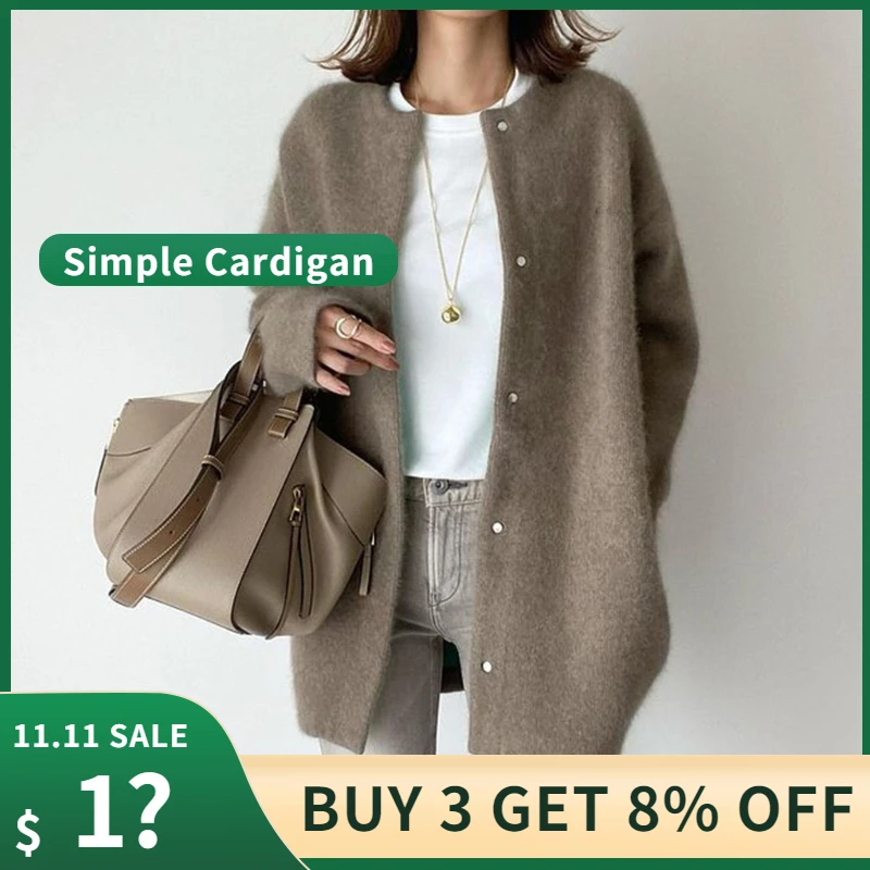 

Women Sweater Cardigan Winter Wool Casual Korean Female Jacket Knitted Long Tops Outwear Outfits Lady Sweater Female Khaki Plain