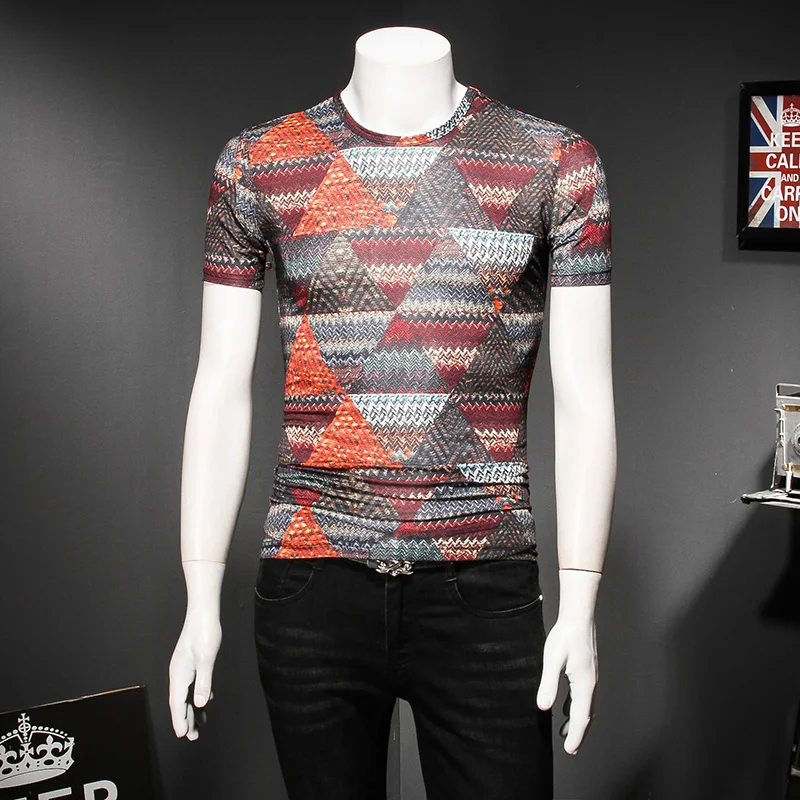 

2021 Summer Short Sleeve T Shirt Men Geometric Lattice Funny Casual T Shirts Tops Streetwear O-neck Tops Tees Male Clothing