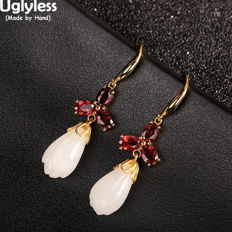 

Uglyless Garnet 3-Petal Flower Earrings for Women Hetian Jade Magnolia Fashion Dress Jewelry Gold Real 925 Silver Brincos Bijoux