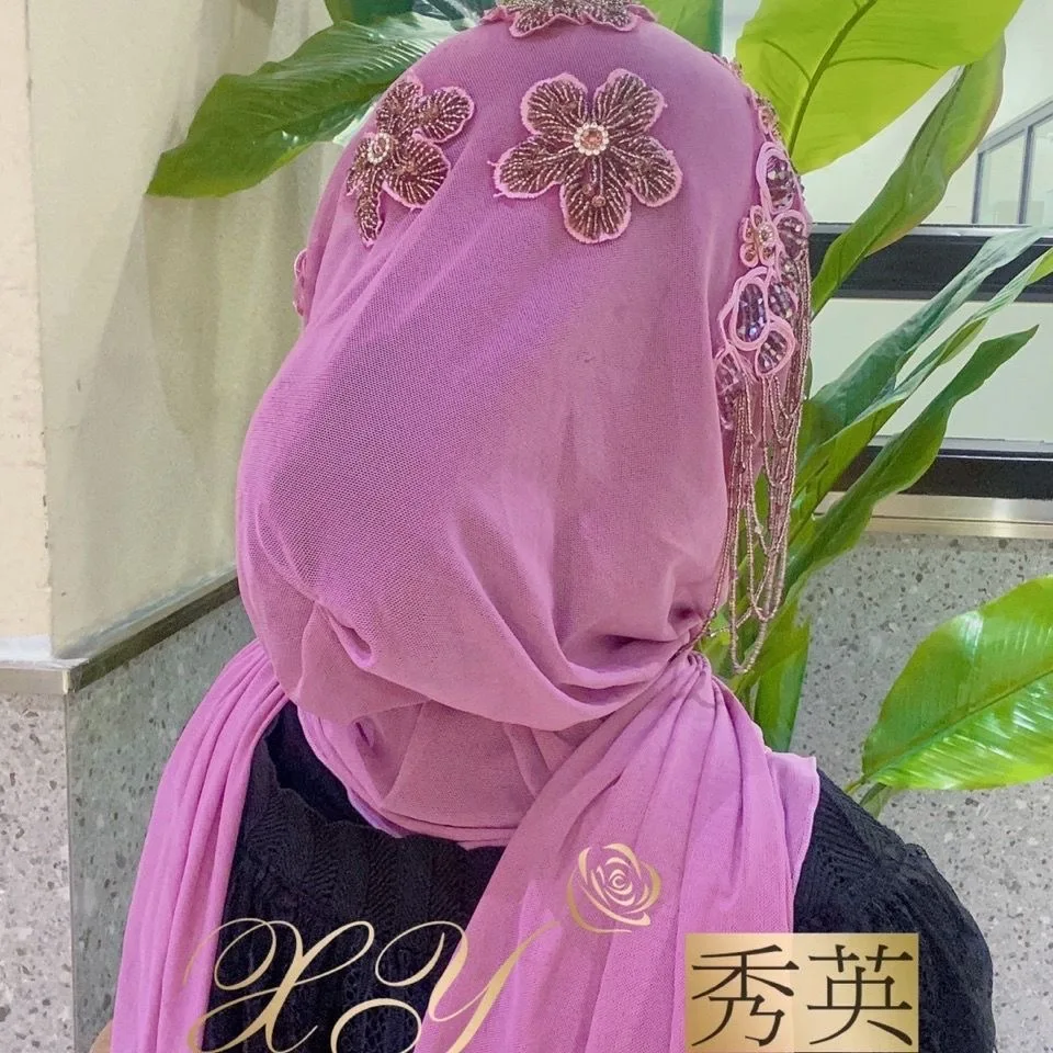 Длинный Шифоновый хиджаб с бисером и кисточками для мусульманских женщин из