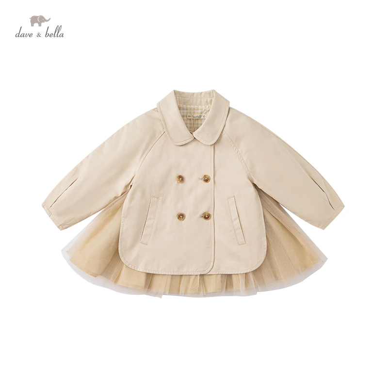 DB1220455 dave bella spring baby girls fashion solid pockets mesh coat cute children girl trench infant toddler outerwear