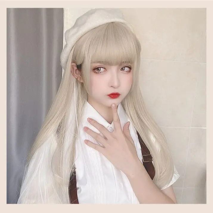 

Beige Harajuku Lolita White Ear-dyeing Wig Women Long Straight Hair Bangs Natural Periwig Cosplay Girl Cute Synthetic Fiber