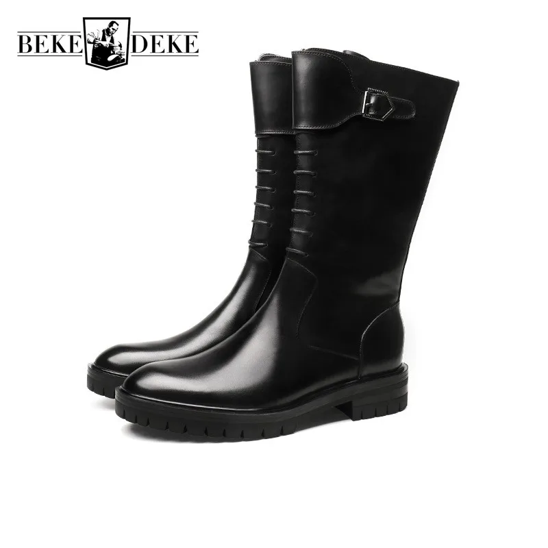 

Винтажные мужские черные ботинки челси из натуральной кожи с острым носком до колена с резиновой подошвой из натуральной воловьей кожи выс...