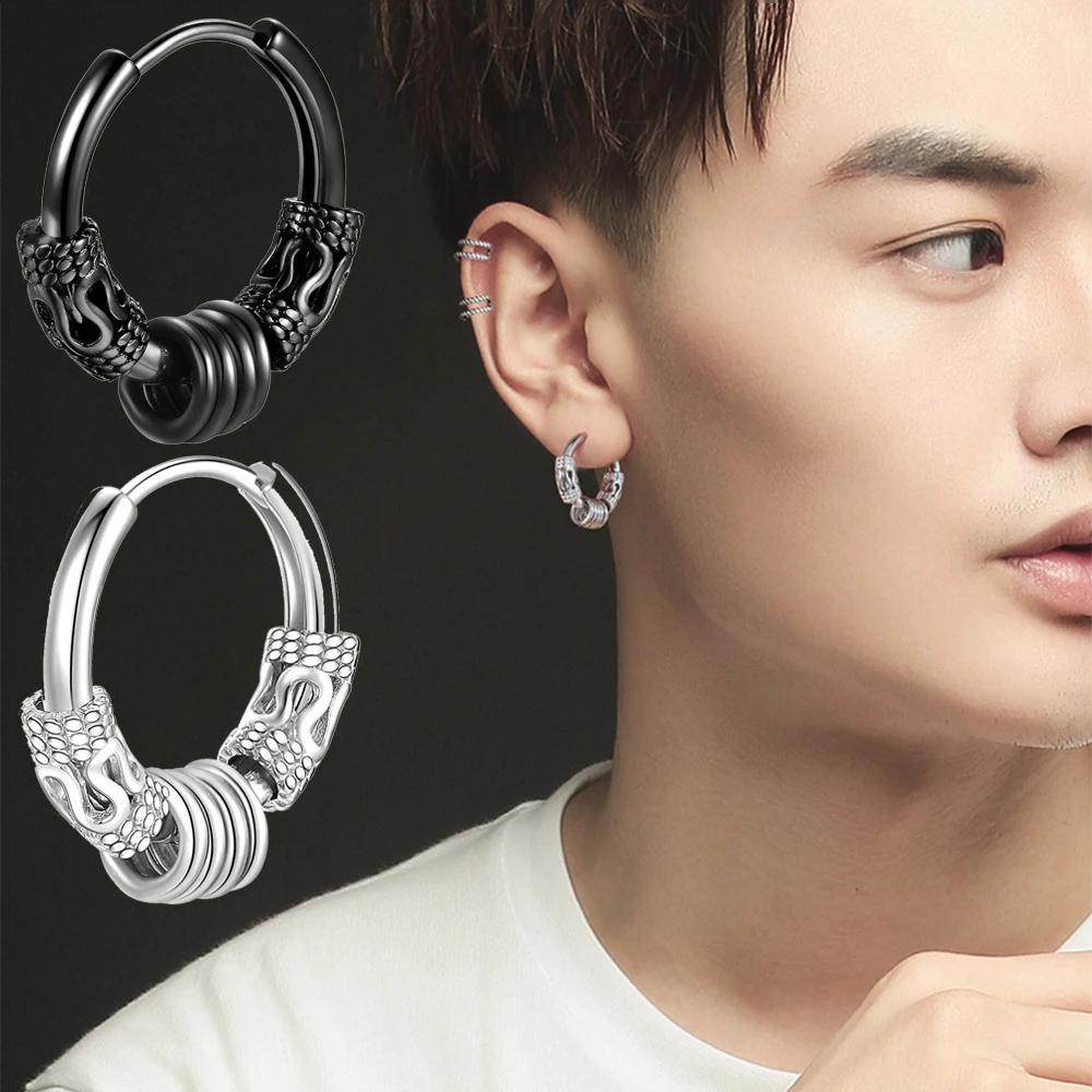

1Pcs Vintage Dragon Pattern Stainless Steel Round Wire Earring Cross Earring Fashion Jewelry Gifts For Boyfriend Earrings Luxury