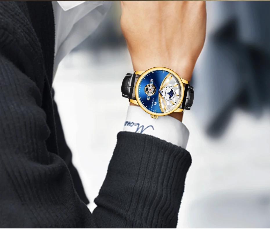 Forsining Tourbillon синие автоматические часы мужские классические Moonphase Дизайн Натуральная кожа Ремешок Водонепроницаемый Бизнес наручные часы подарок
