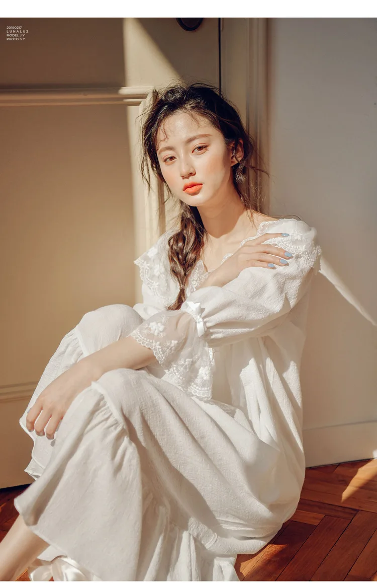 Женская Осенняя пижама из 100% хлопка Очаровательная кружевная ночная рубашка