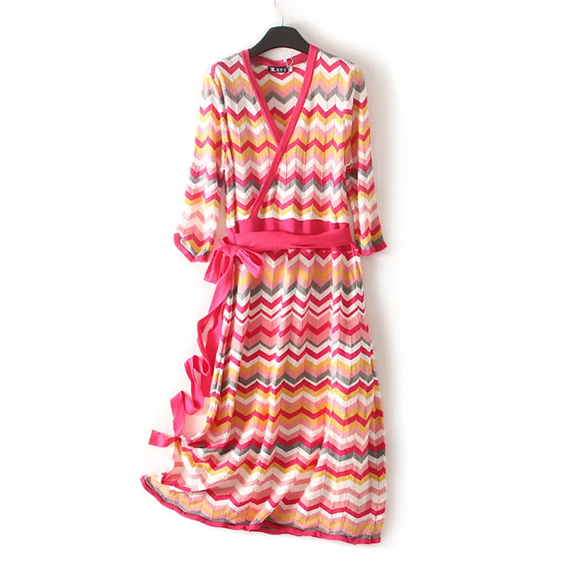 Женское платье в полоску с v образным вырезом Пуловеры Сезон весна лето осень