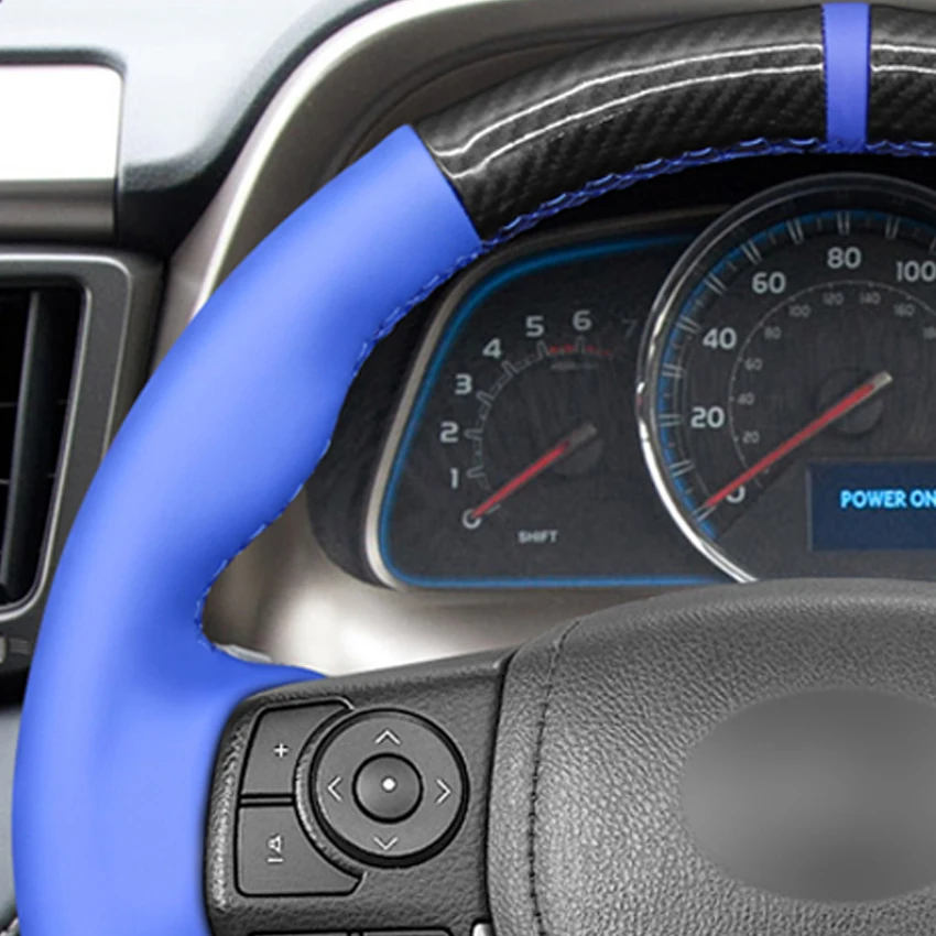 

LQTENLEO Blue Leather Carbon Fiber Car Steering Wheel Cover for Toyota RAV4 2013-2019 Corolla 2014-2019 Auris 2013-2016 Scion iM