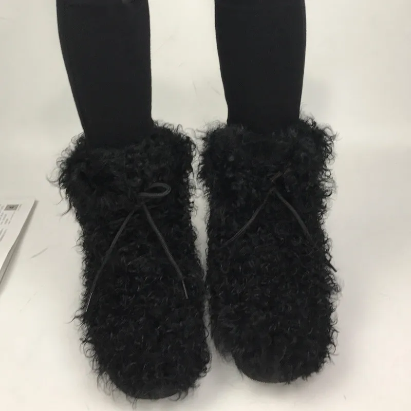 Зимние теплые ботинки из овечьей шерсти на шнуровке плоской нескользящей