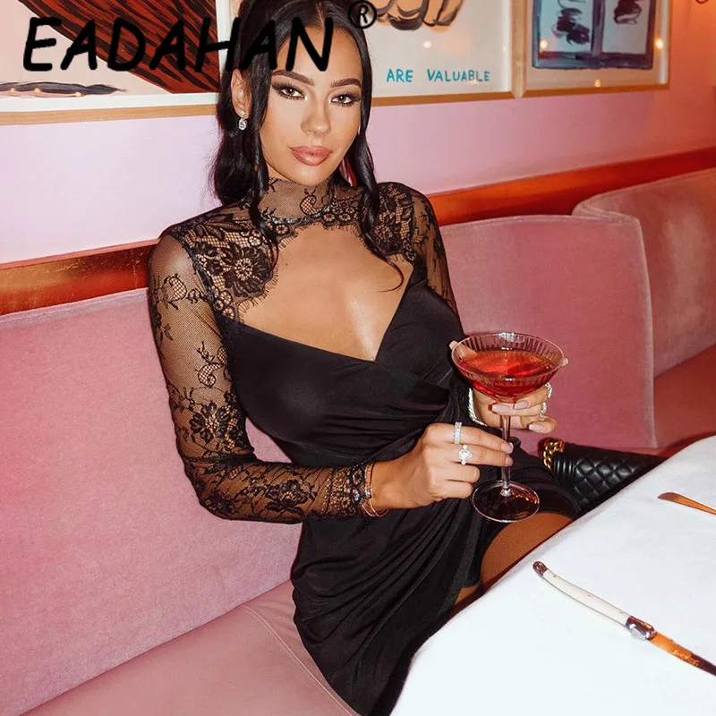 

Eadahan 2021 Fashion Sexy Lace Stitching Long-sleeved Dress Women's Show Temperament V-neck Slim Slimming Hip Skirt