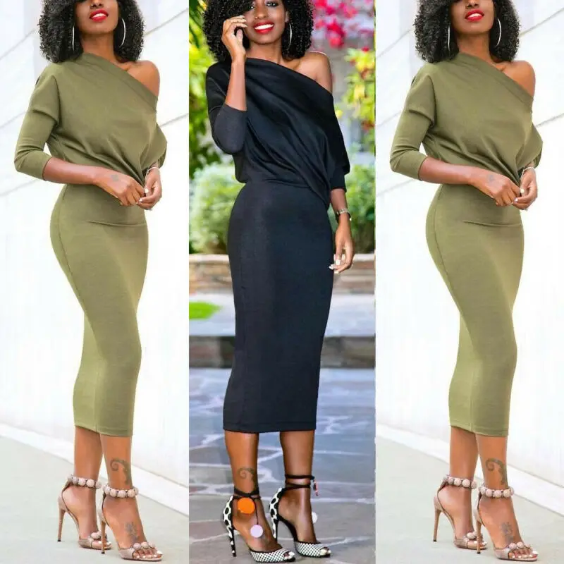 2020 Newest Hot Women's Casual Long Sleeve Off Shoulder Pencil Dress Bandage Bodycon Evening Party Solid Black Green | Женская