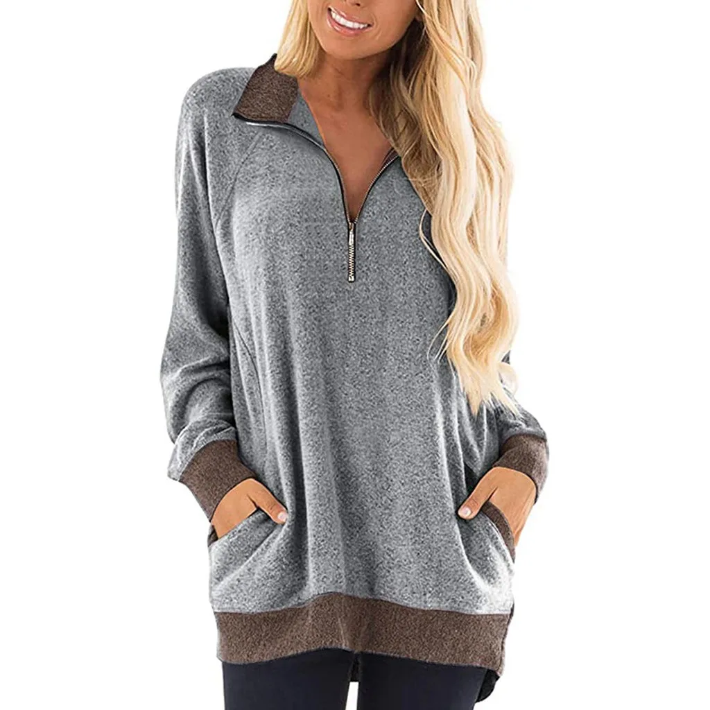 

Womens Sweatshirt Autumn Winter Hoodie Casual Long Sleeve V Neck Pockets Zipper Tunic Tops Pocket Pullover Sweatshirt Female Top