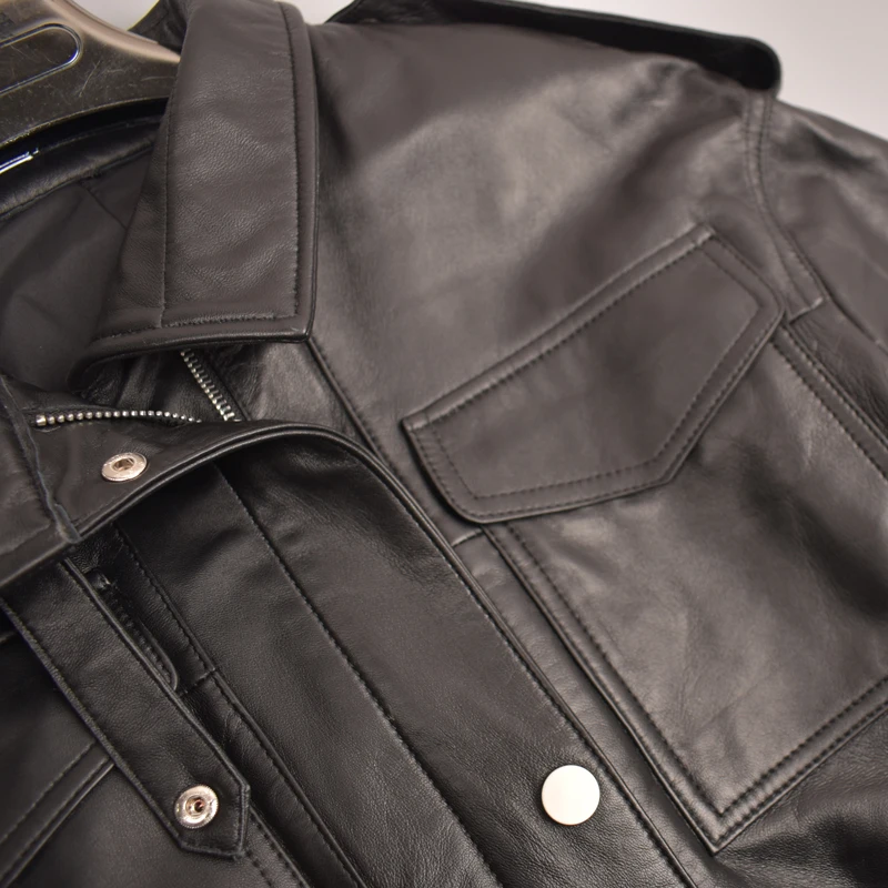 JAZZEVAR 2023 New High Fashion Women Real Sheep Skin Leather Jacket Genuine Casual Outerwear Safari Style Trench Coat