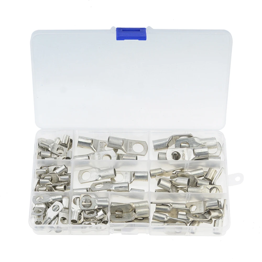 

100PCS/BOX Assortment SC6-35 Bare Tinned Copper Lug Terminals Ring Seal Wire Connectors Bare Cable Crimped Soldered Terminal Kit