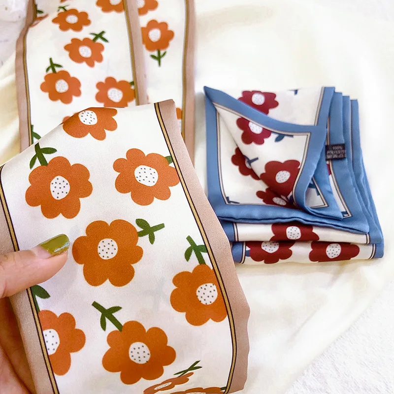 

Длинный Узкий Шелковый шарф, женская сумка, ленты с цветочным принтом, модные маленькие шарфы на шею, Женская повязка для волос для офиса, ук...