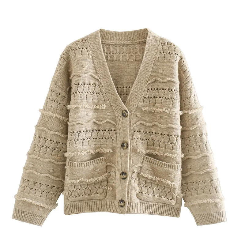 Women's sweater za 2020 cardigan ball decoration V-neck winter warm knitted single button casual striped |