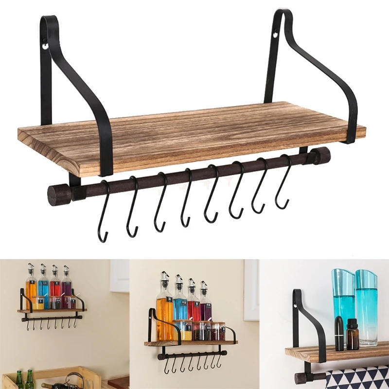 

Wall-Mounted Rustic Wooden Storage Shelf Bathroom And Kitchen Decorative Rack With 8 Removable Hooks And Towel Rail