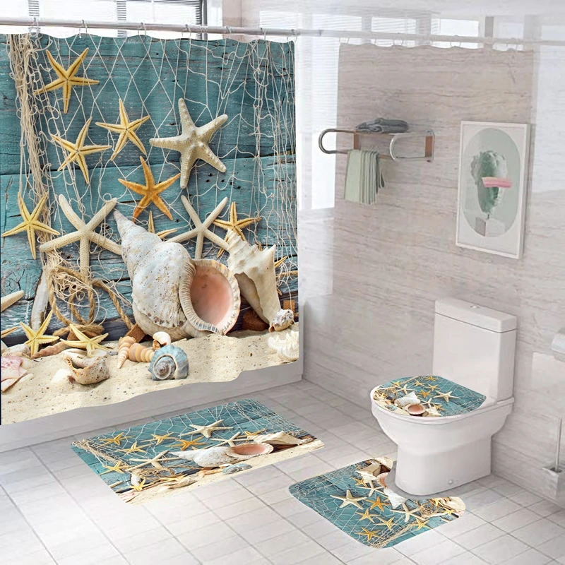 

Beach Tree Sand Bathroom Waterproof Shower Curtain 4PC Set Starfish Wooden Board Nautical Sea Scenery Bath Screen Nonslip Carpet