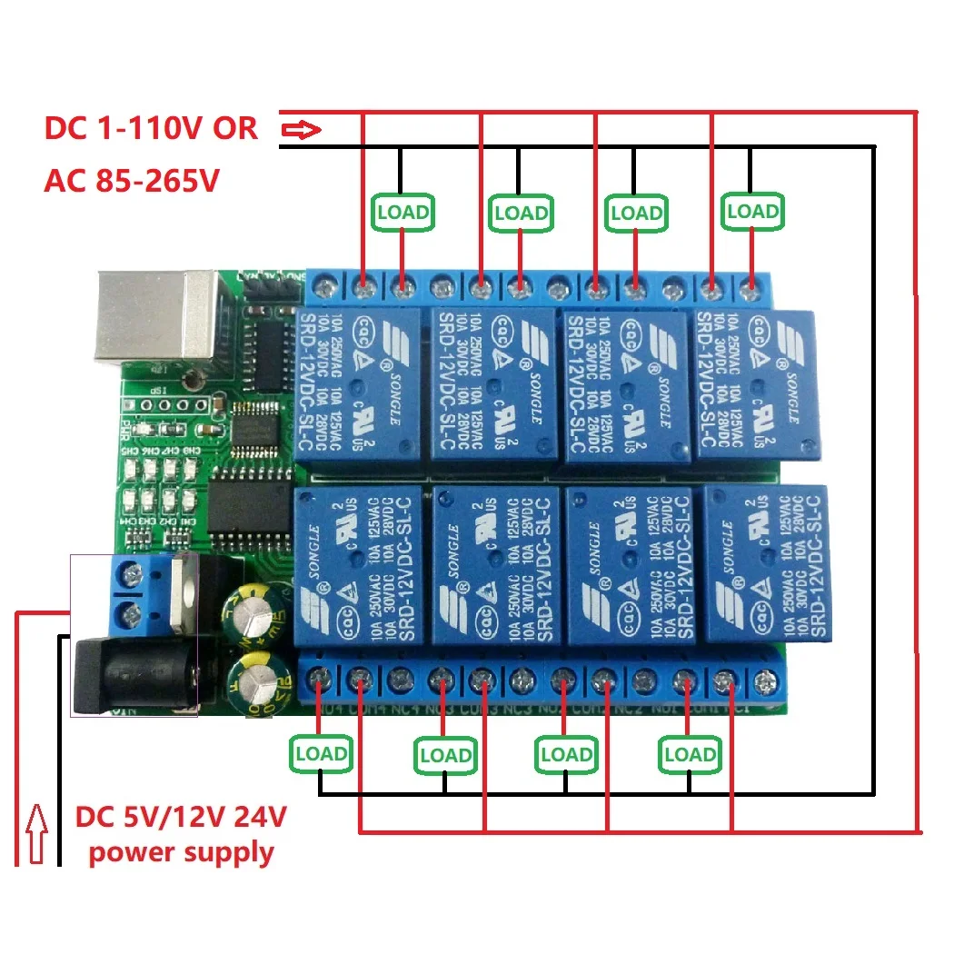 Модуль реле последовательного порта USB 2 в 1 5 В 12 24 постоянного тока 8 каналов плата