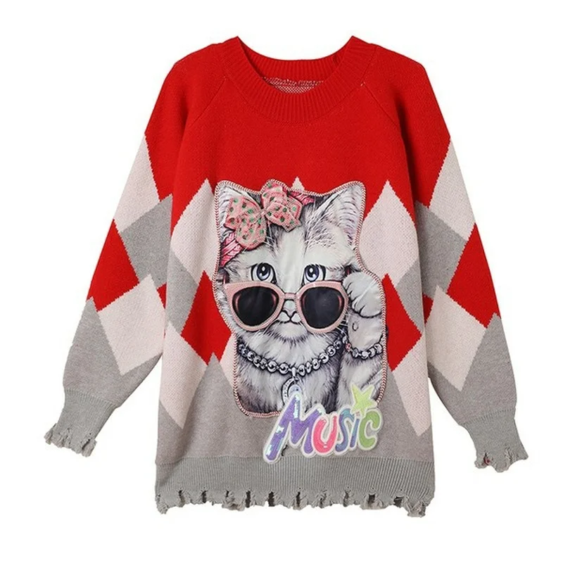 2022 Fashion Chic Cat Women's Sweater Pullover Korean Loose-fitting Autumn Winter Knitted Female Tops | Женская одежда