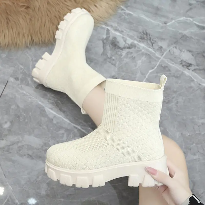 

Plus size knit boots female 2022 new solid breathable stretch fashion platform boots women shoes autumn casual slip on boots