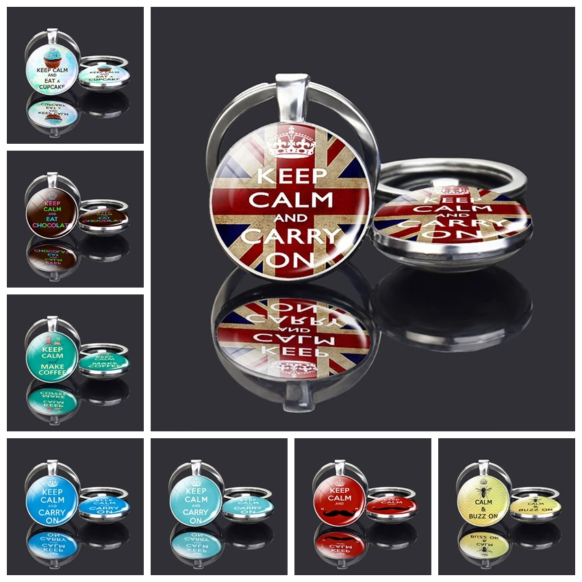 

"keep Clam and Carry On" Double-Sided Glass Cabochon Keychain Inspirational Car Key Ring Jewelry Bag Pendant Gift