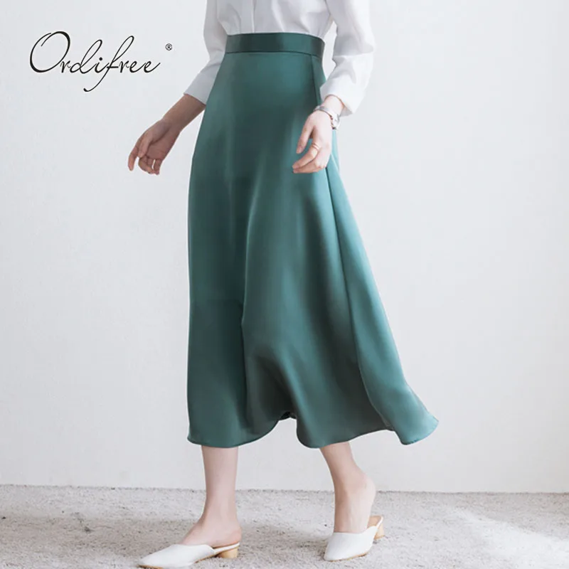 Женская атласная юбка Ordifree элегантная зеленая винтажная шелковая средней длины