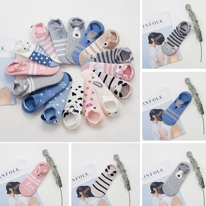 16 Pairs / Pack Cute Animal Cotton Socks Female Kawaii Cat Dog Summer Short Socks Slippers Women Casual Soft Funny Boat Socks