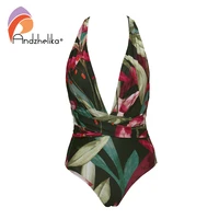 andzhelika floral leaves v neck one piece swimsuit women halter swimwear bodysuit monokini swimwear girl beach bathing suits