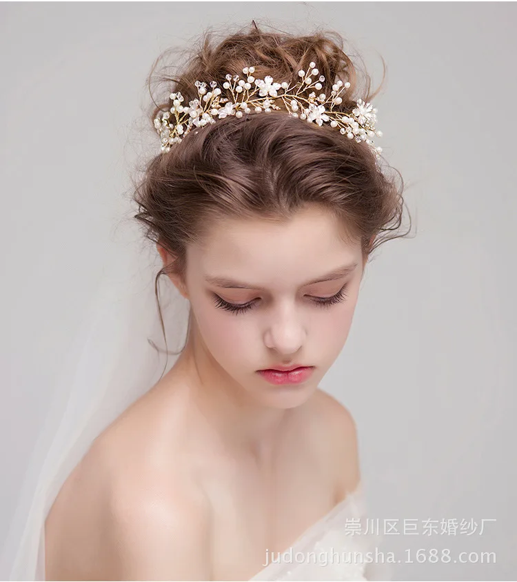 

Le Liin Gold Handmade Pearl Flower Headband Bride Crystal Leaf Bridal Hair Jewelry