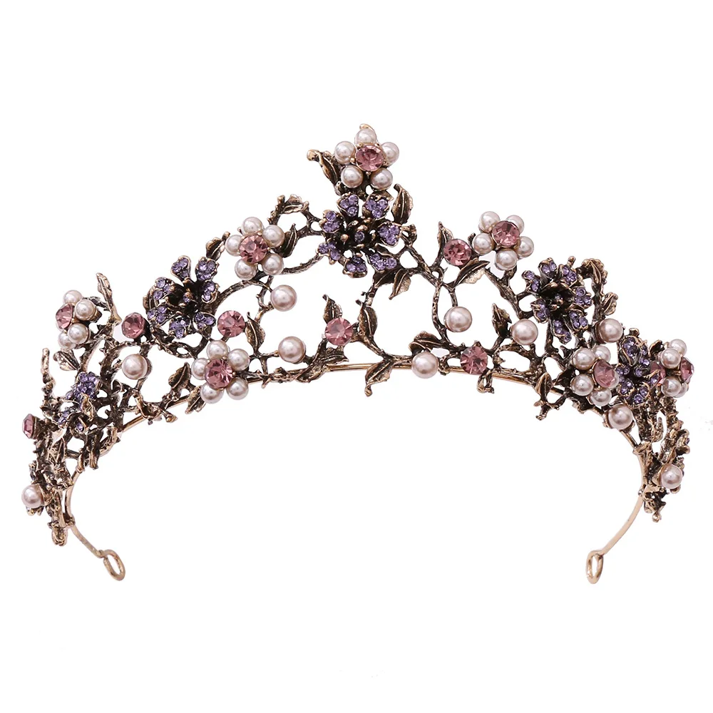 Baroque Vintage Black Purple Crystal Pearls Bridal Tiaras Crown Rhinestone Pageant Diadem Veil Tiara Wedding Hair Accessories images - 6