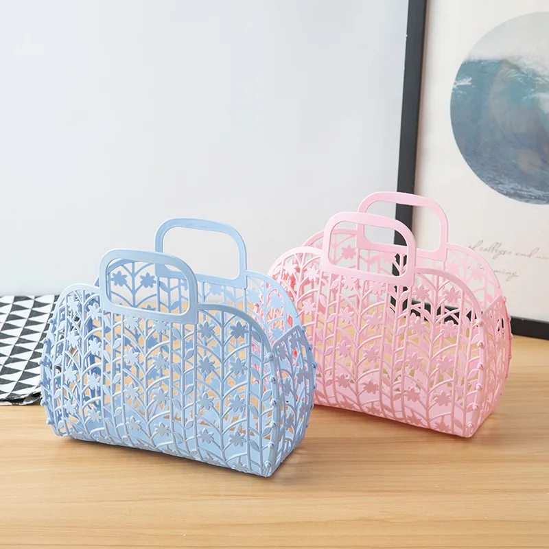 

Foldable Plastic Handbag Solid Color Hollow Flower Design Beach Holiday Unisex Clutch