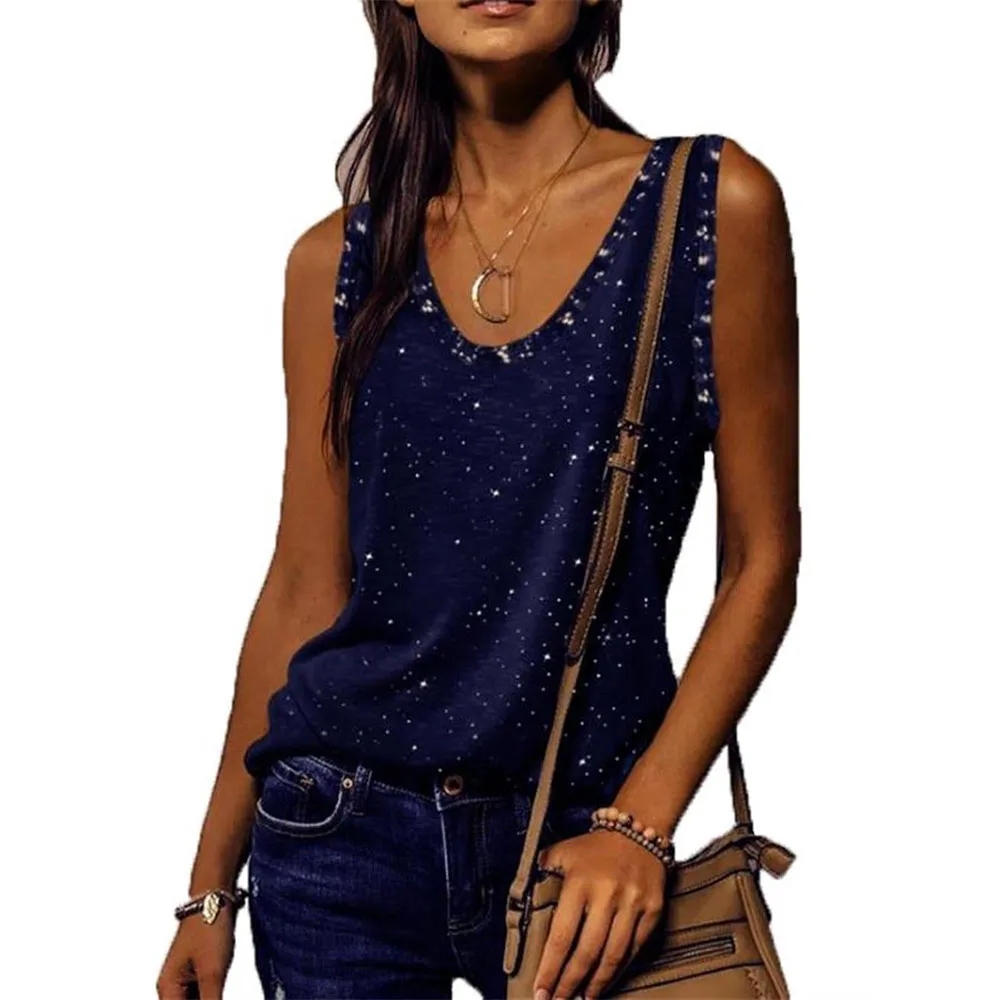 

Sleeveless Vest 2021 Summer Woman Clothing O-neck Printed Stars Casual Loose Fashion Tank Tops Women Female Sexy Style Tops