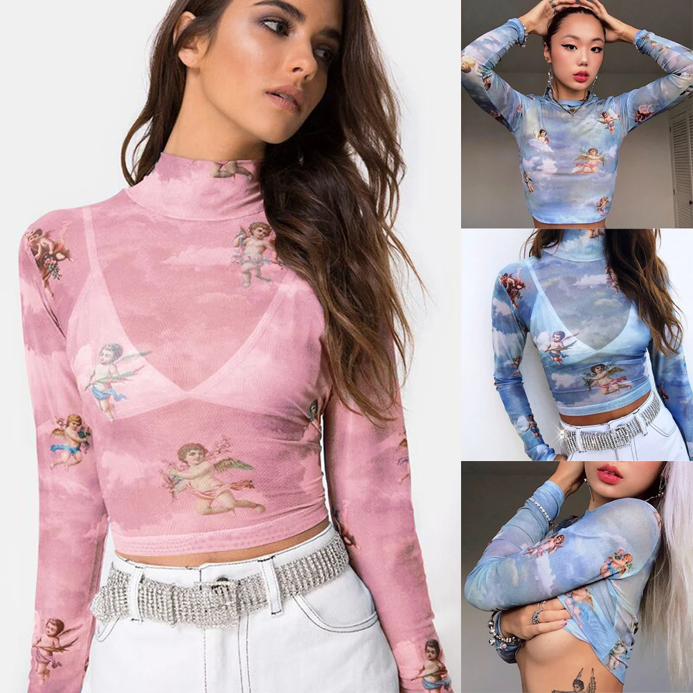 Hirigin модные женская прозрачная Сетчатая футболка короткий топ женские летние