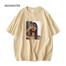 MOINWATER 2021 New Abstract Print T-shirts for Women Khaki Green Cotton Short Sleeve Summer Tops Lady Oversized Tees MT21039