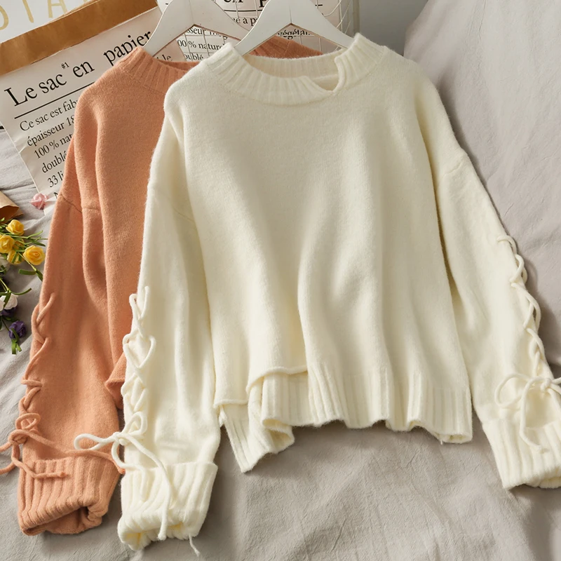 

2021 New Drawstring Lace Up Long Sleeve Loose Pullover Sweater Women's Spring Wear Solid Versatile Round Neck Slim Sweater