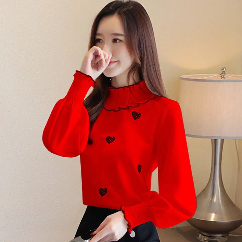 Women Spring Autumn Style Blouses Shirts Lady Casual Long Sleeve Turtleneck Heart Embroidery Blusas Tops DF3140 | Женская одежда