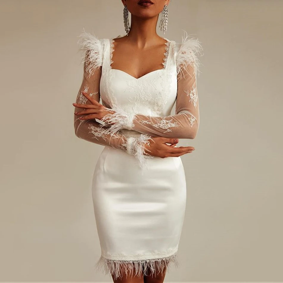 

Fall 2020 New Women'S Fashion Sexy Lace Feather Long Sleeve Mini Bandage Dress Elegant Bodycon Celebrity Party Dress