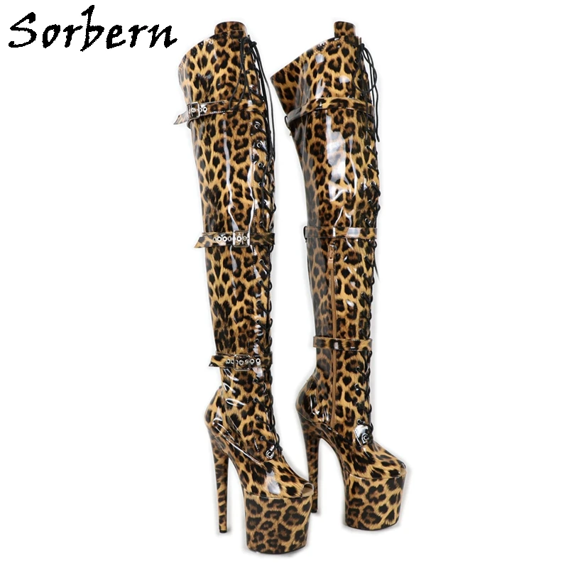 Sorbern-Botas de leopardo hasta el muslo para mujer, zapatos de punta abierta y Punta cerrada, tacones de 3 correas, tacones de Stripper para bailarinas de Pole, colores personalizados