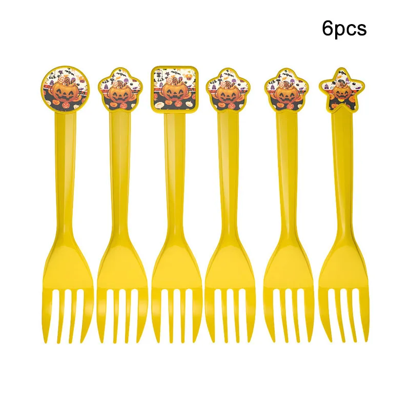 fork-6pcs Halloween Candy Pumpkin Head Theme Creative Party Package Decoration Party Supplies Party Disposable Tableware Cup Plate - Цвет: fork-6pcs