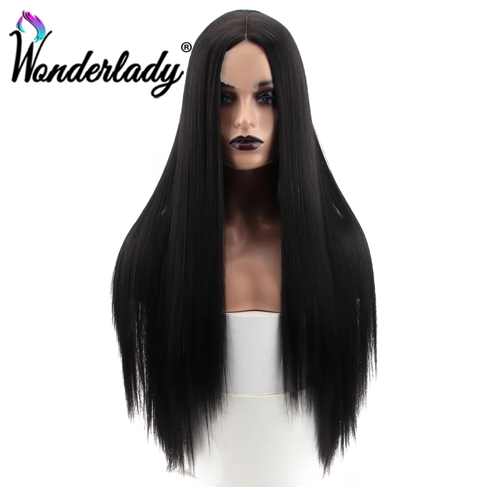 

WonderLady Long Straight Black Hair Wig Synthetic Wigs For Women Middle Part Heat Resistant Fiber Hairpiece 28" Glueless Cosplay