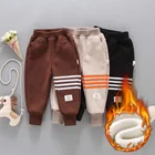 Новинка, зимние теплые плотные спортивные брюки для мальчиков, женские длинные шаровары в полоску, детские длинные брюки-карандаш