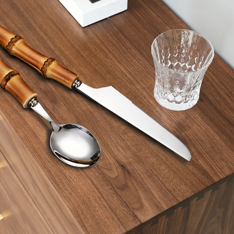 

8/16pcs Creative Bamboo Cutlery Sets 304 Stainless Steel Steak Cutlery Tableware set Spoon and ForkKitchen Dining Bar